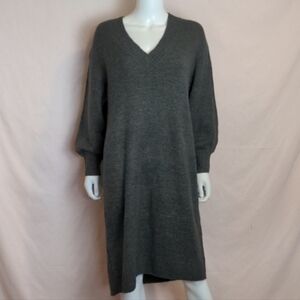 Monki Gray V Neck Long Sleeve Knit Midi Sweater Dress size Small